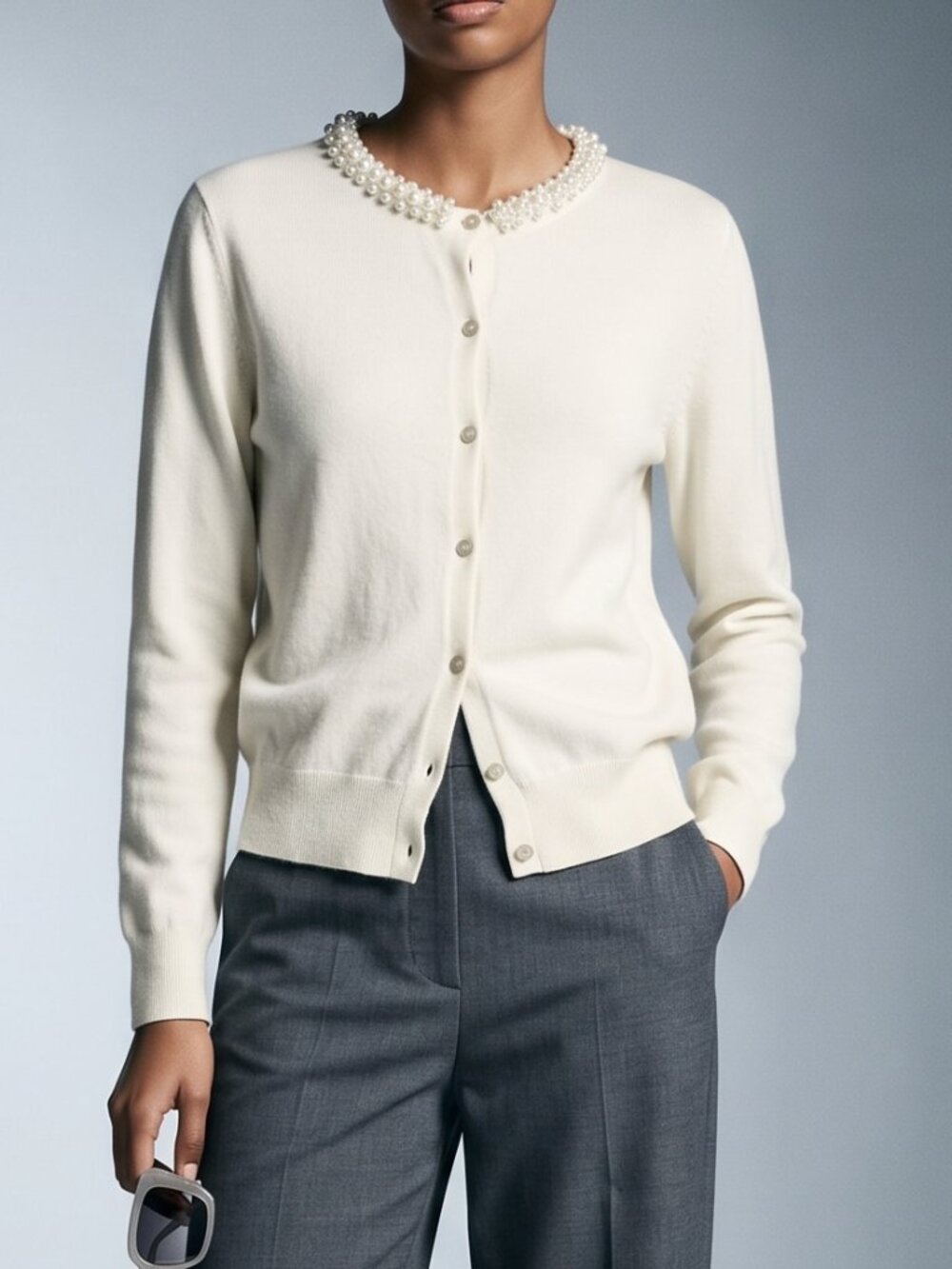 ZARA Knit NWT Pearl Beaded Collar Angora Blend Cardigan Sweater Cream Large